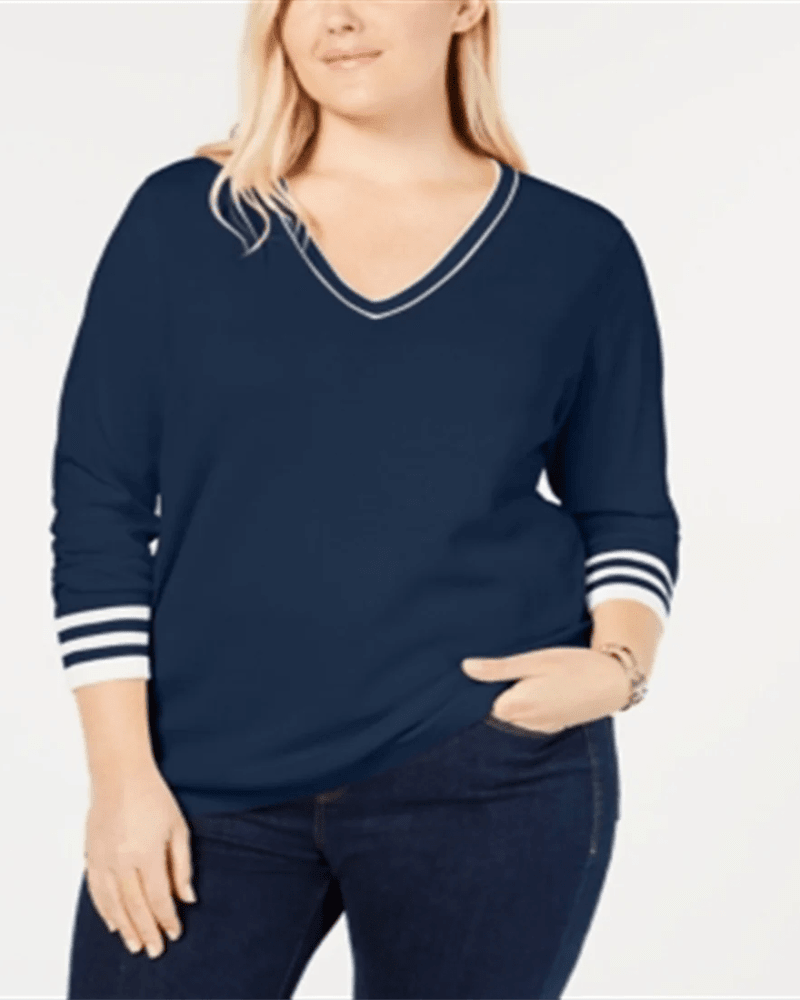Front of a model wearing a size 0X Tommy Hilfiger Women's Long Sleeve V Neck Top Plus Blue Size 0X in Blue by Tommy Hilfiger. | dia_product_style_image_id:311601